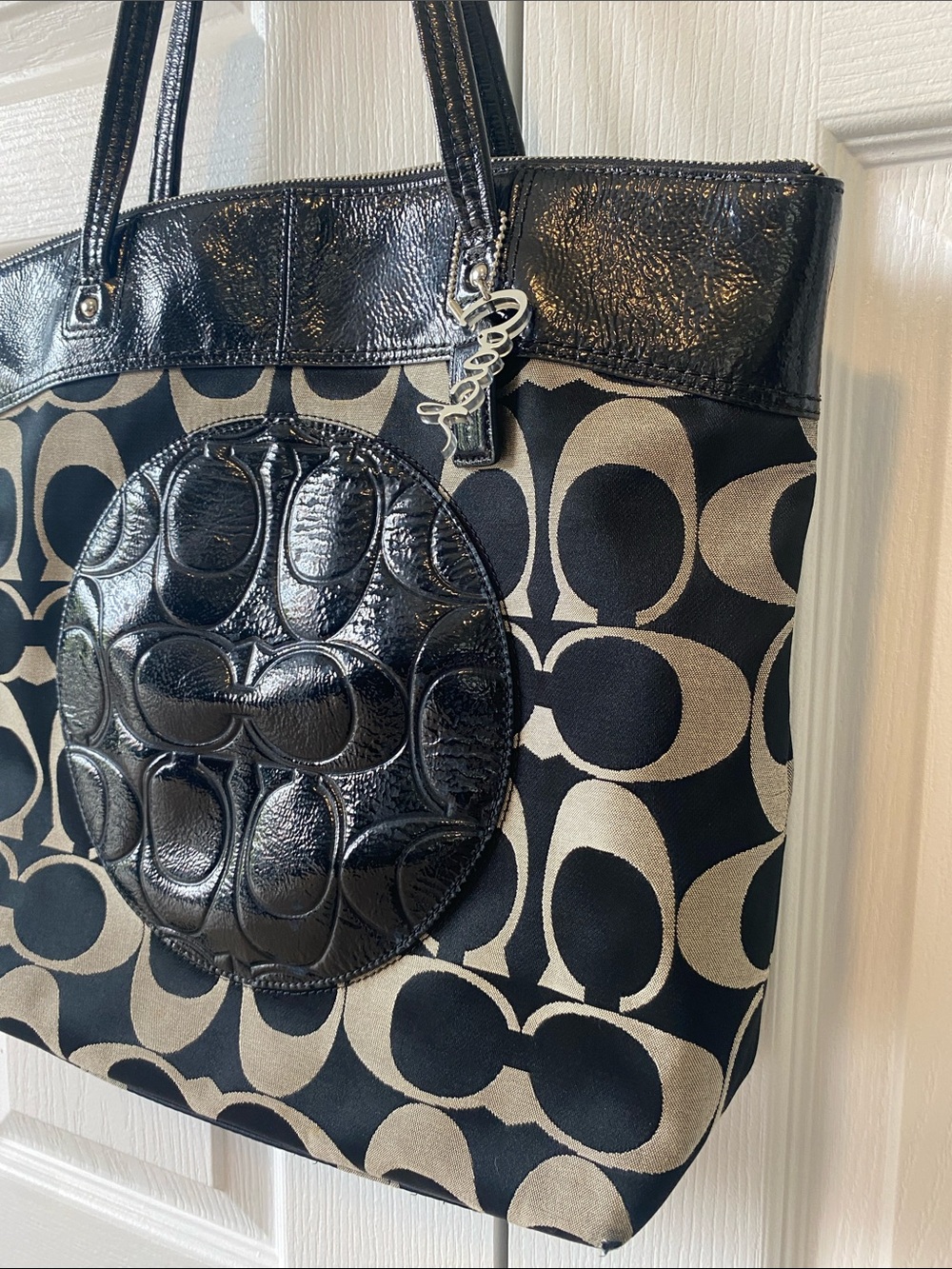 Coach Laura Signatur Patent Leather Tote Bag Large Monogram Canvas Purse - Picture 2 of 12